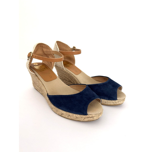 Kanna Espadrille Sandals 8 Blue Suede Peep-Toe Ankle Strap Jute Wedge Spain - Picture 2 of 15